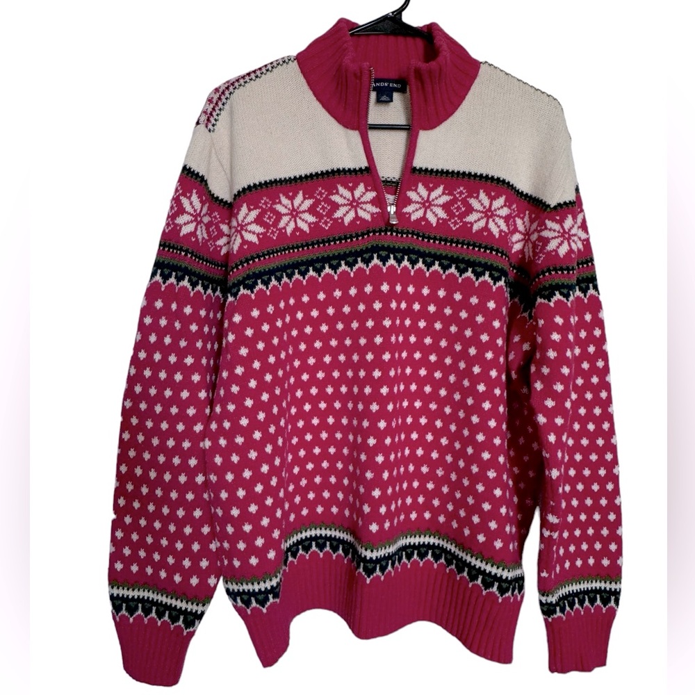 Vtg Lands End Nordic Fair Isle Red Snowflake Quarter Zip Sweater Cotton & Wool